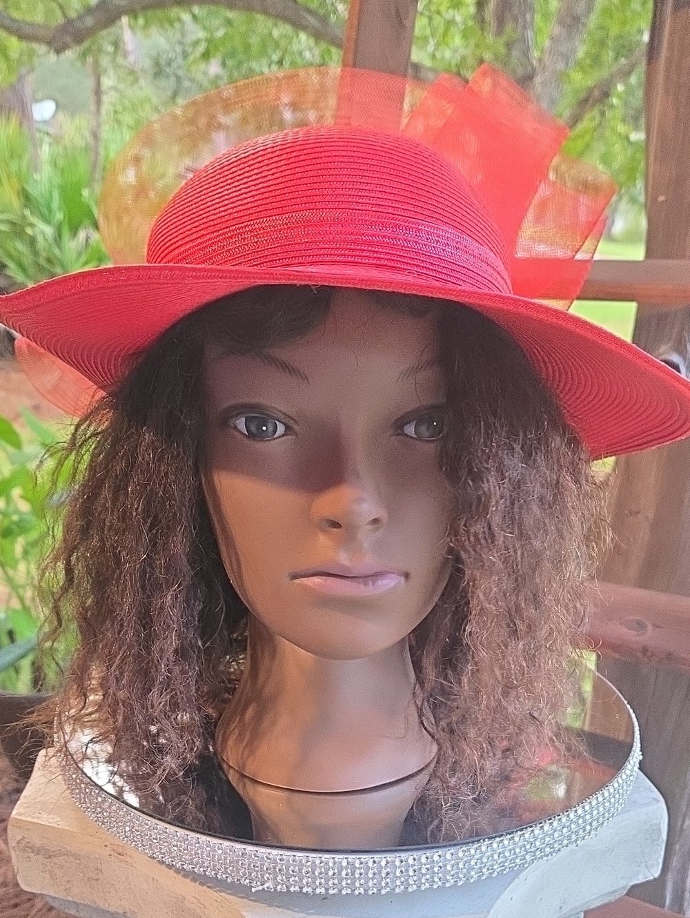 Red Church Hat With Red Crinoline Mesh And Pearl Bow Accent At Rear